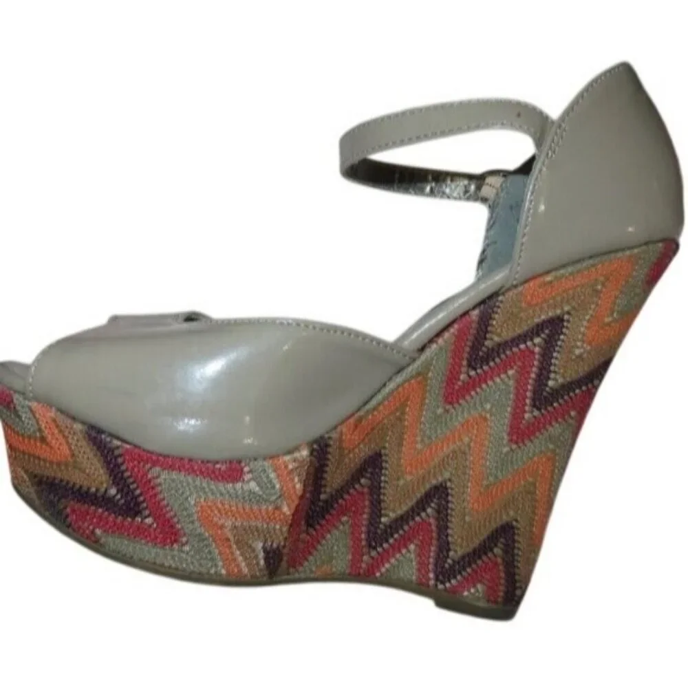 STEVE MADDEN Boho Patent Platform Ankle Strap Wedge Heels Peep Toe Sandals